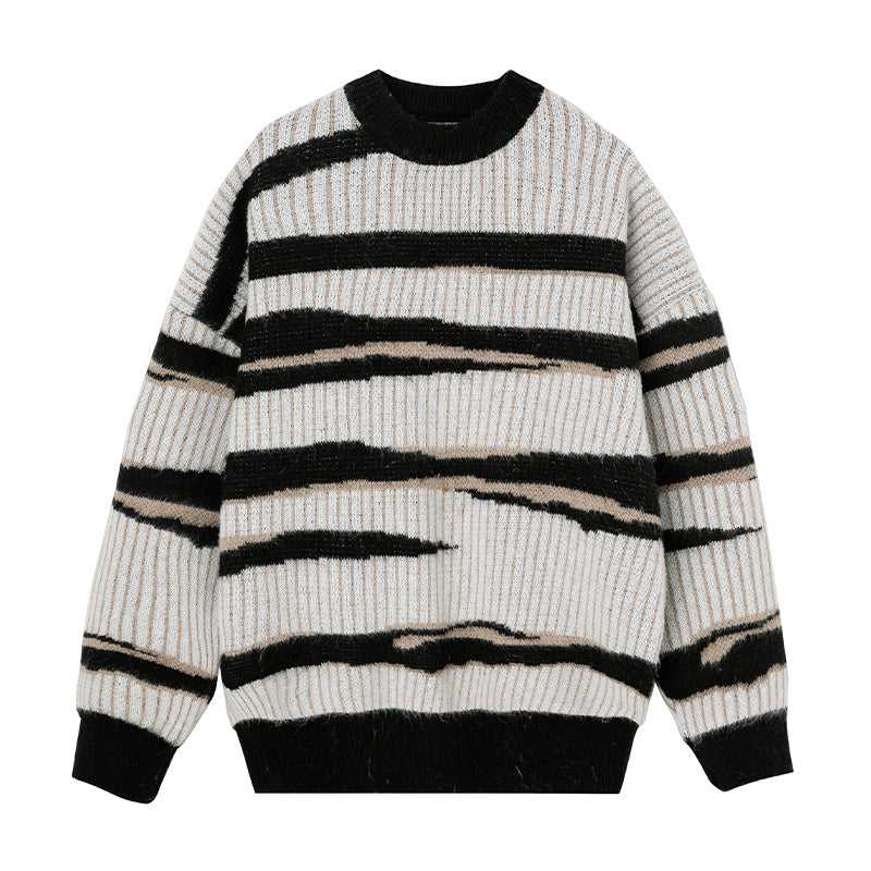 Unisex Chunky Knit Sweater with Wave Intarsia and Ribbed Texture Mune Fashion