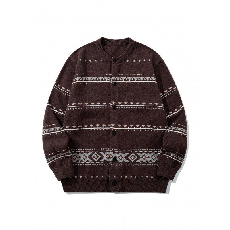 Unisex jacquard knit cardigan in boxy cut with round neck and button placket Mune Fashion