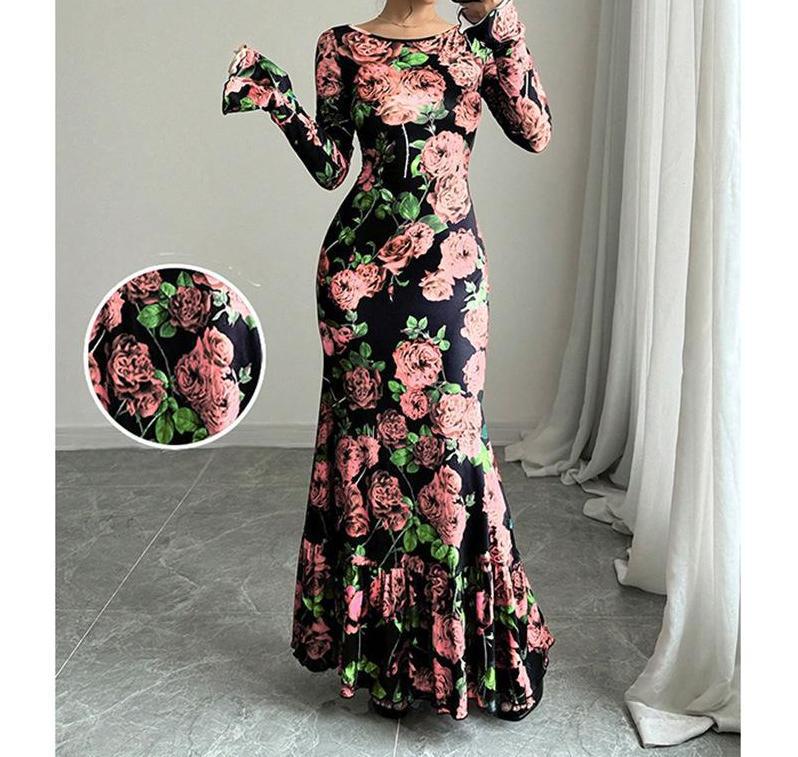 Women's fitted maxi dress with mermaid cut, long bell sleeves, and ruffled hem Mune Fashion