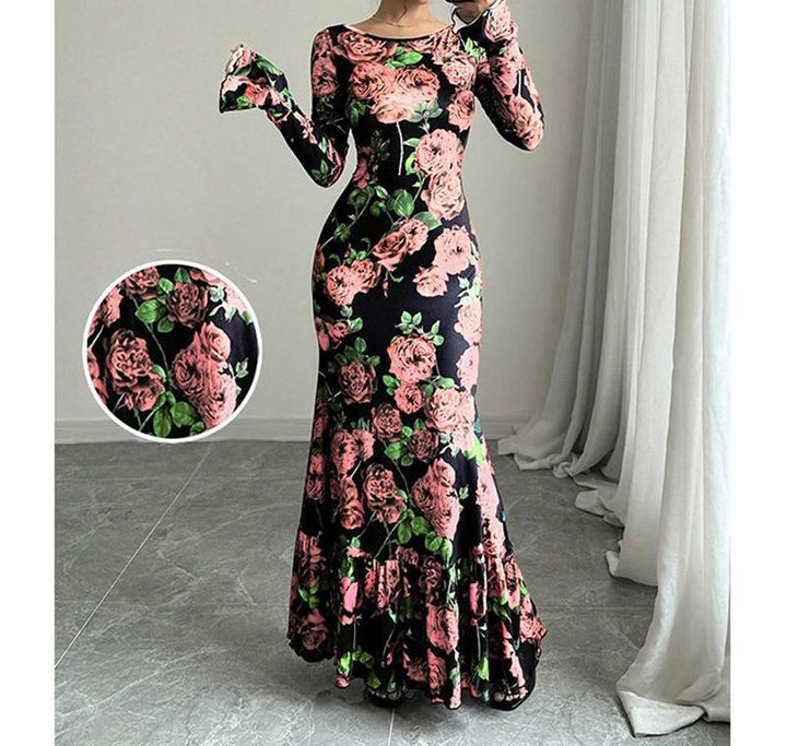 Women's fitted maxi dress with mermaid cut, long bell sleeves, and ruffled hem Mune Fashion