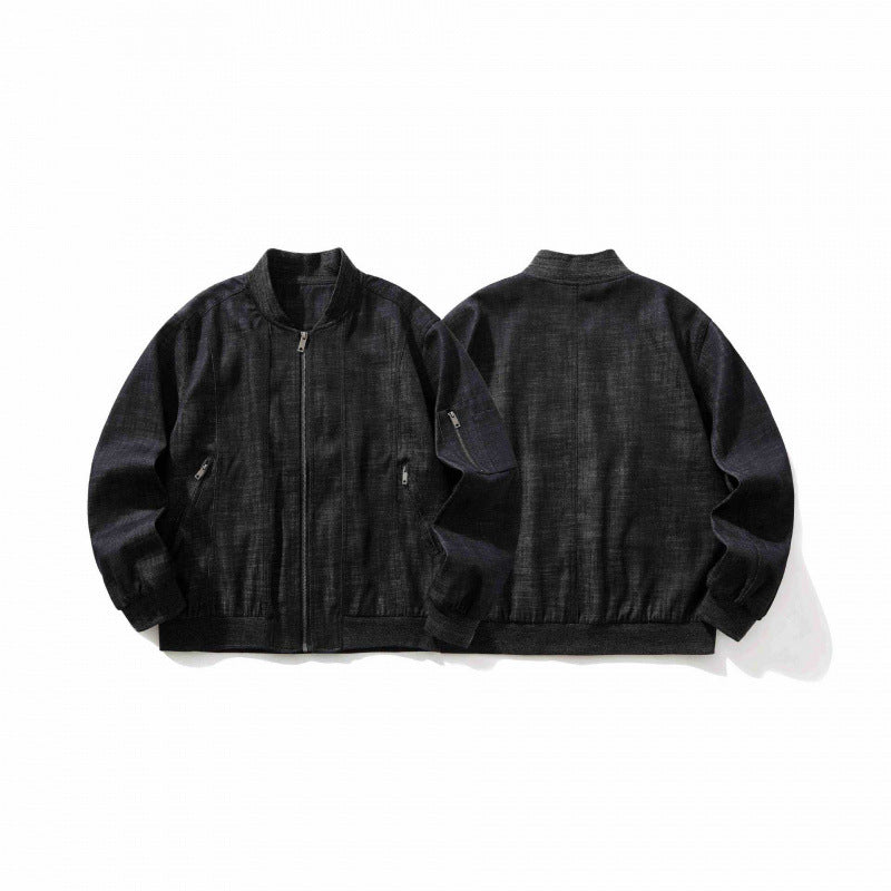 Men's cropped boxy denim bomber jacket with zipper, insert pockets, and sleeve zipper Mune Fashion