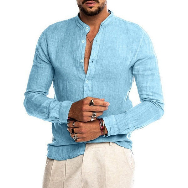 Men's linen shirt with stand-up collar, continuous button placket, and casual slim-fit cut Mune Fashion
