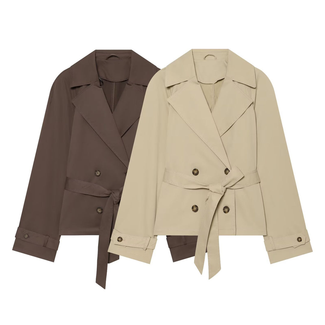 Women's Cropped Trench Coat in Boxy Cut with Wide Lapels and Ties