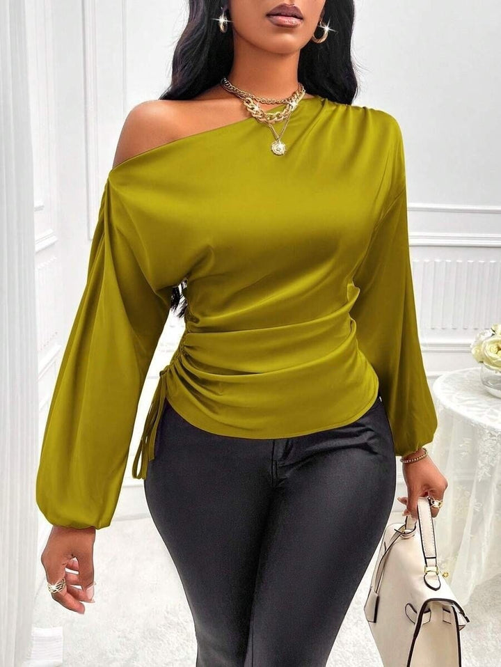 Women's satin blouse with asymmetric off-the-shoulder neckline and wide batwing sleeves Drune