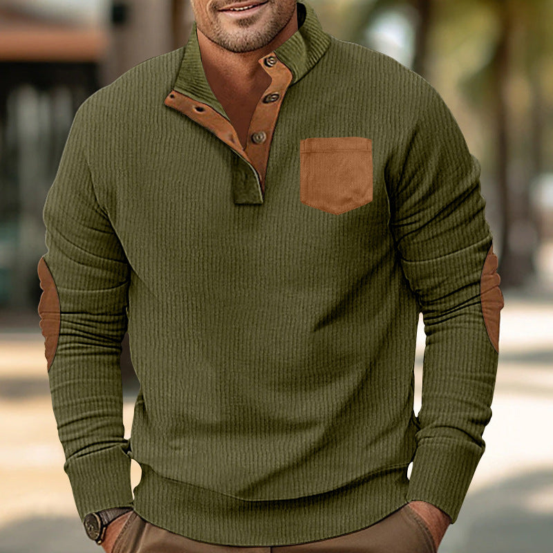 Men's structured half-button Troyer with Kent collar, chest pocket, and leather-look elbow patches Mune Fashion