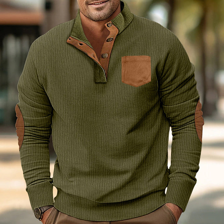 Men's structured half-button Troyer with Kent collar, chest pocket, and leather-look elbow patches Mune Fashion
