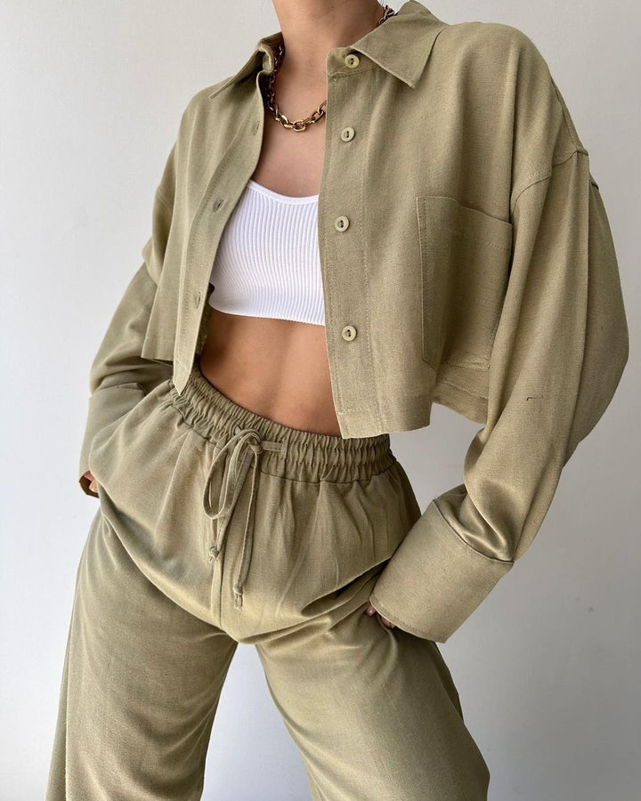 Ladies Linen Look Loungewear Set with Cropped Overshirt and High Waist Drawstring Pants Mune Fashion