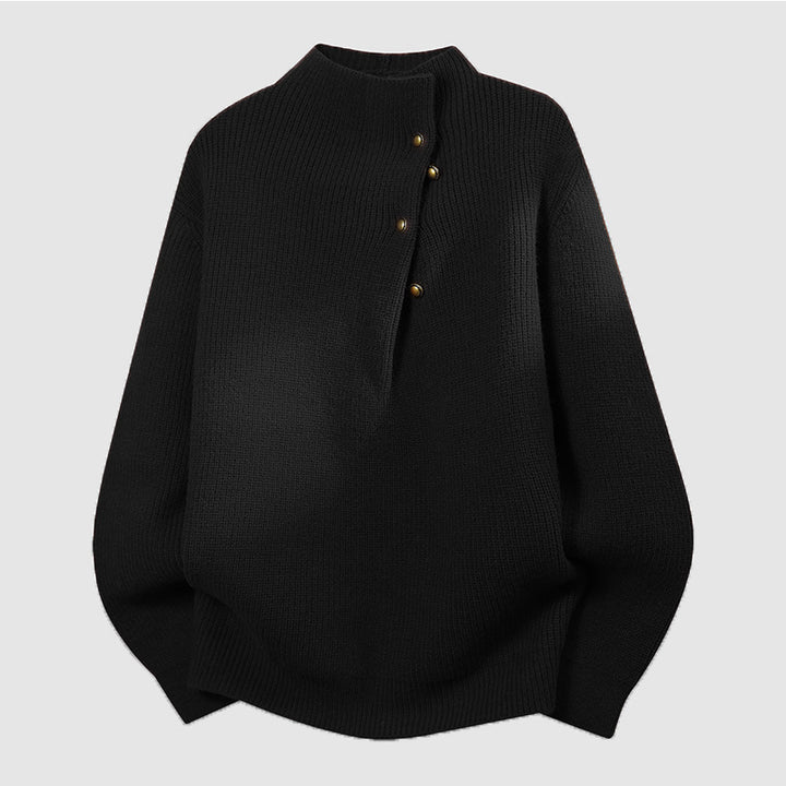 Women's Oversized Fine Knit Sweater with Asymmetrical Button Placket and Stand Collar Mune Fashion