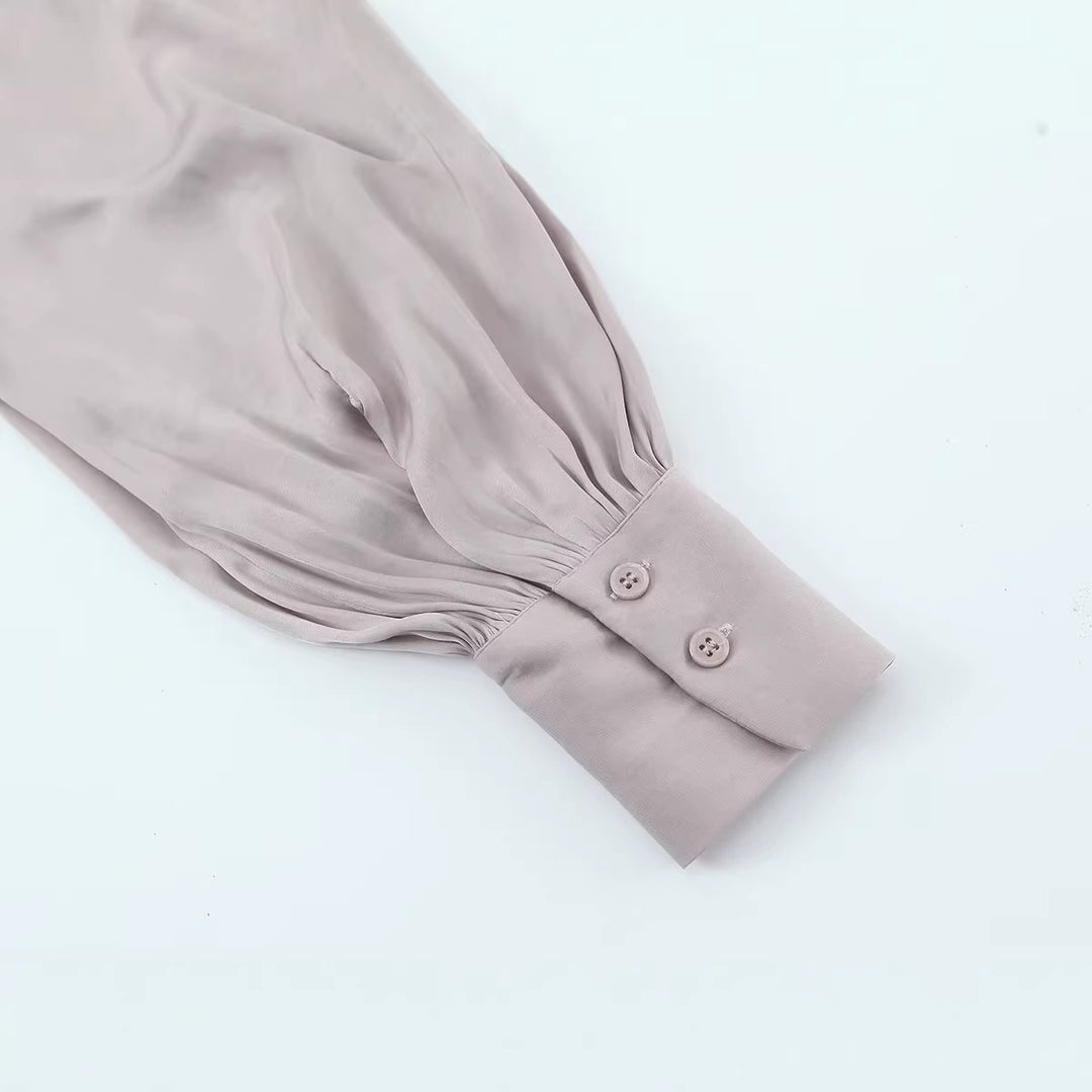 Women's Silk-like Pullover Blouse with Ties and Balloon Sleeves Mune Fashion
