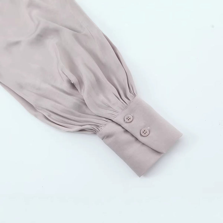Women's Silk-like Pullover Blouse with Ties and Balloon Sleeves Mune Fashion