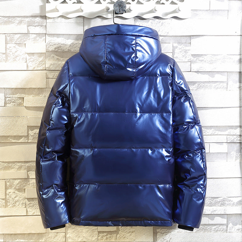 Men's Quilted Metallic Padded Jacket with Hood and Windproof Front Mune Fashion