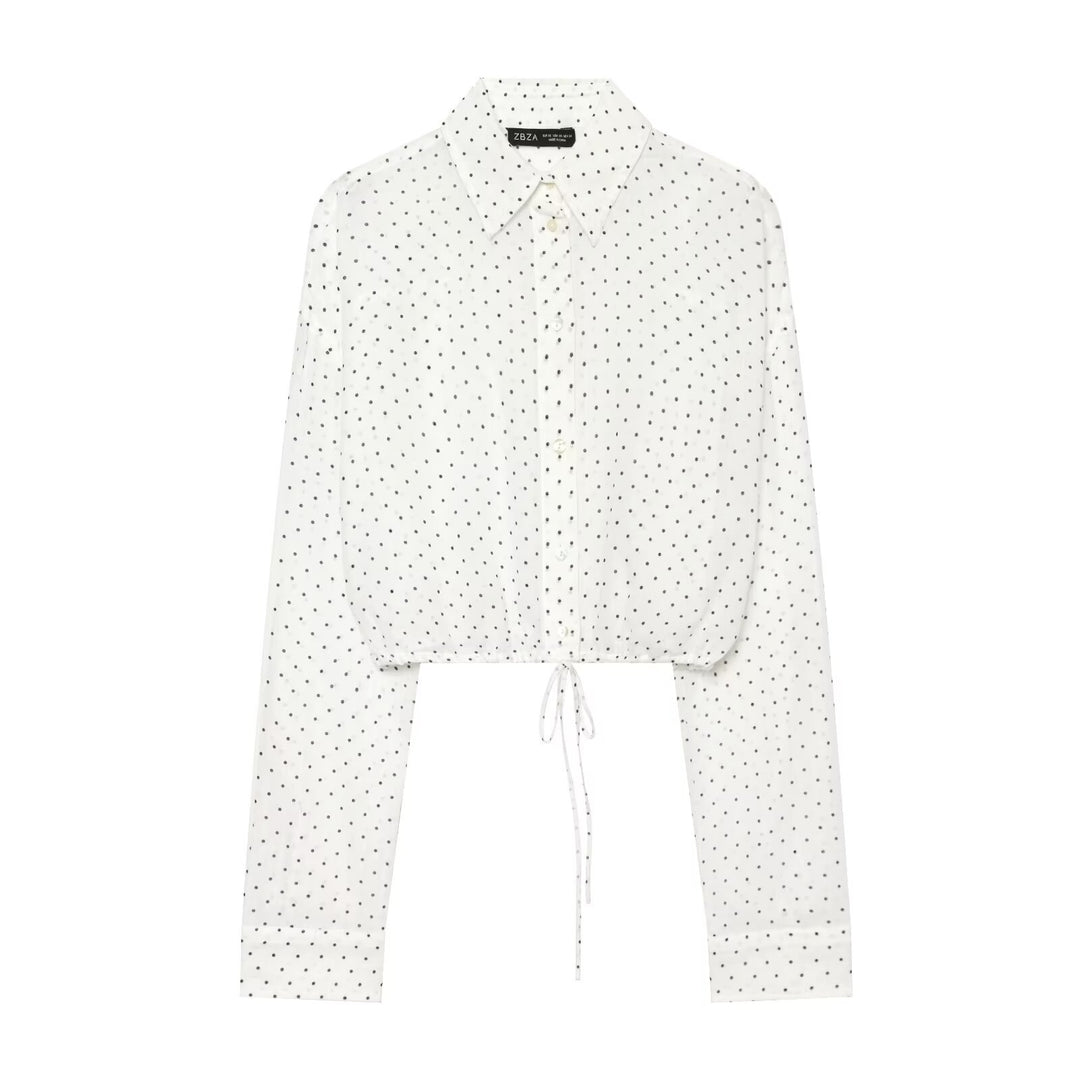 Women's short-cut blouse with pointed collar, button placket and drawstring Mune Fashion