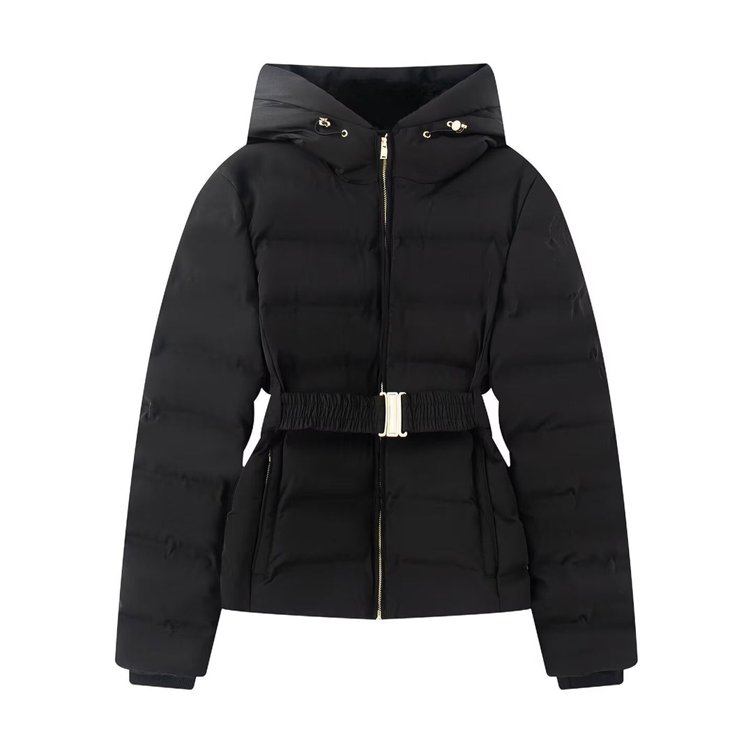 Women's Shiny Down-Look Quilted Jacket with Hood and Tailored Drawstring Belt Mune Fashion