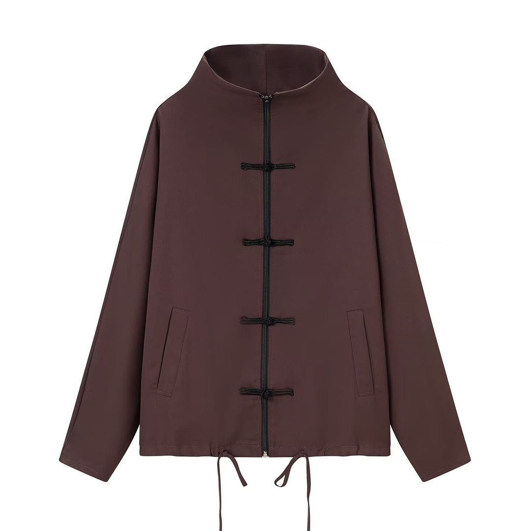 Women's lightweight boxy jacket with stand-up collar, zipper front, drawstring and decorative knot closures Mune Fashion