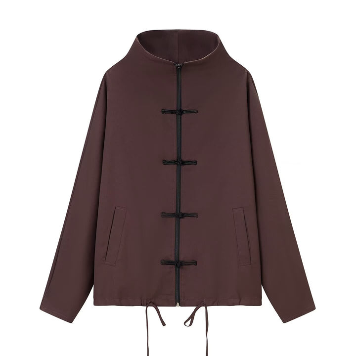 Women's lightweight boxy jacket with stand-up collar, zipper front, drawstring and decorative knot closures Mune Fashion