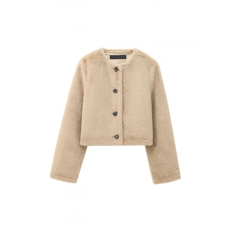 Women's Cropped Teddy Jacket with Straight Hem, Round Neck and Horn Button Closure Mune Fashion
