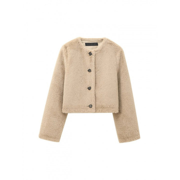 Women's Cropped Teddy Jacket with Straight Hem, Round Neck and Horn Button Closure Mune Fashion