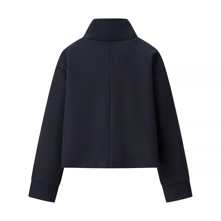 Women's Short Jacket Boxy Wool Blend with Stand-Up Collar, Oversized Sleeves and Button Placket Mune Fashion