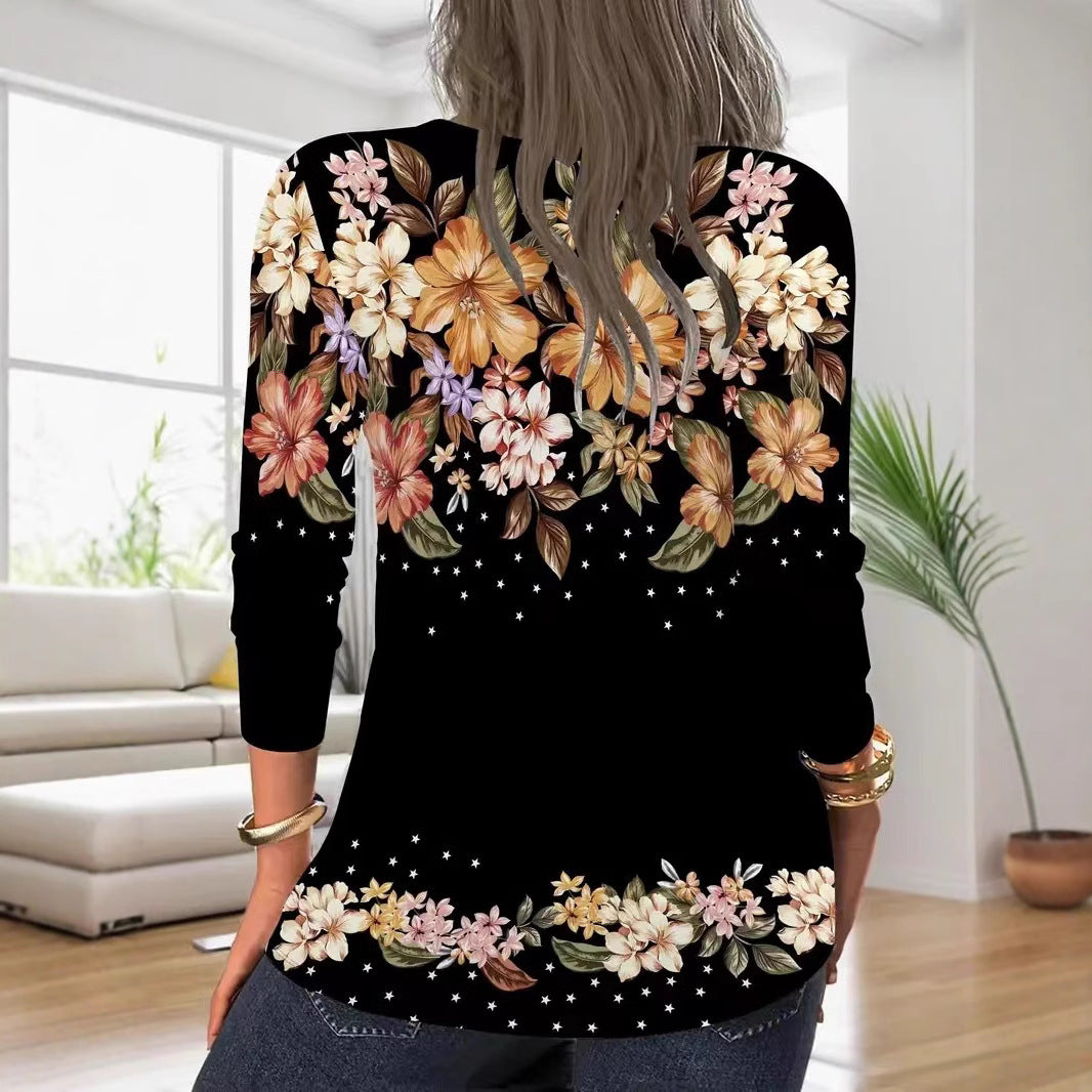 Women's Long Sleeve Shirt with Zipper and Floral Pattern Mune