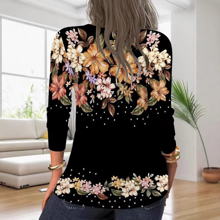 Women's Long Sleeve Shirt with Zipper and Floral Pattern Mune