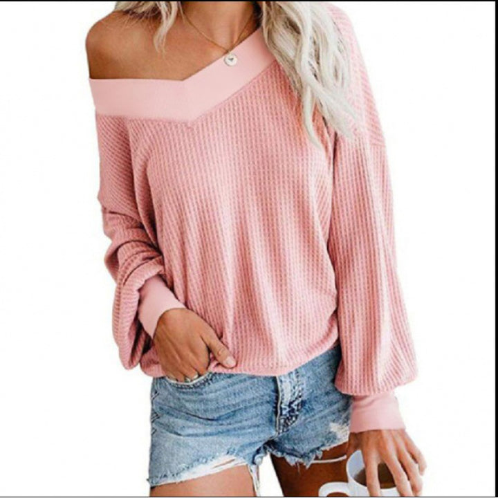 Women Loose Waffle Knit Sweater with Wide Off-Shoulder Neckline and Oversized Cut Mune Fashion