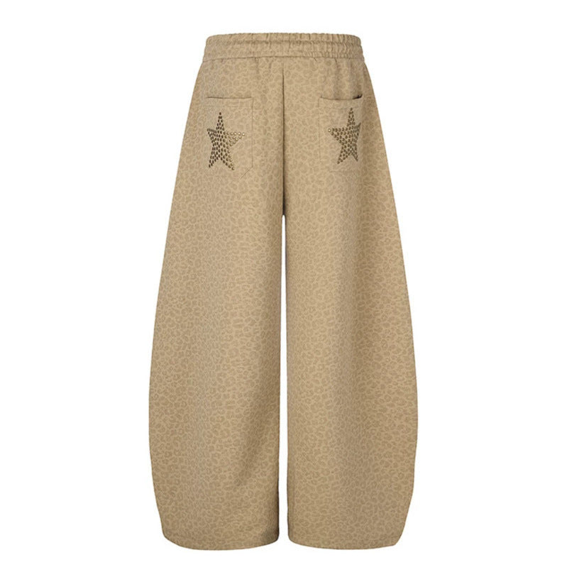Women's Extra Wide Palazzo Training Pants with Elastic Waistband, Drawstring, and Decorative Star Studs Mune Fashion