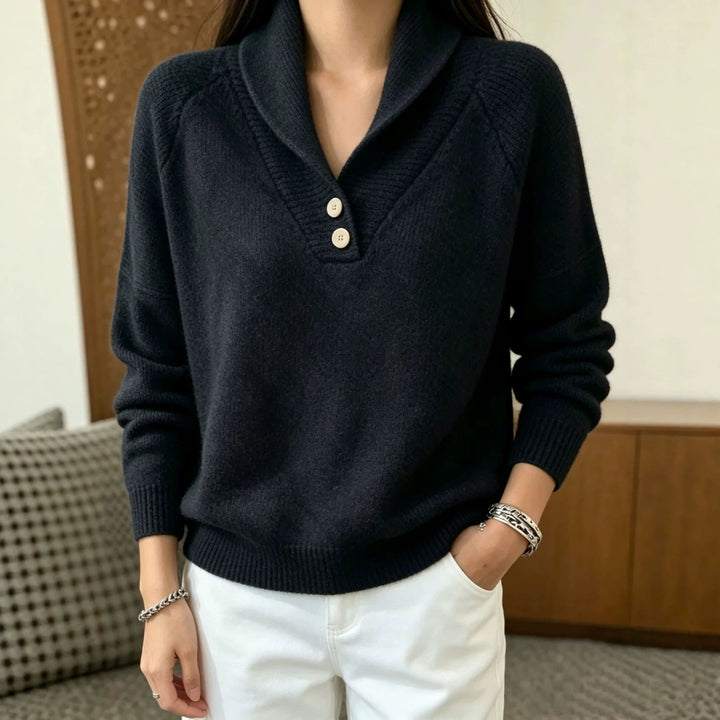 Women's Soft Shawl Collar Sweater with Half Button Placket and Raglan Sleeves Mune Fashion