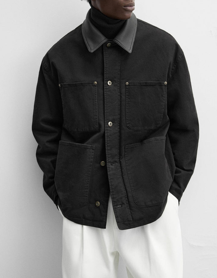Men's Boxy Chore Jacket made of canvas with contrasting leather collar and four patch pockets Mune Fashion