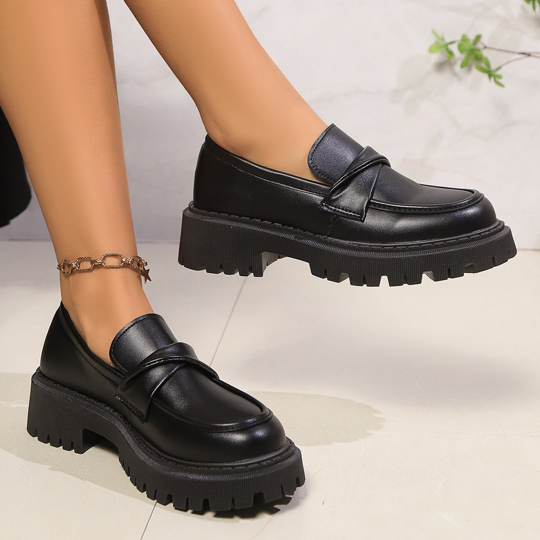 Women Chunky Platform Loafers with Rough Profile Sole and Padded Shaft Mune Fashion
