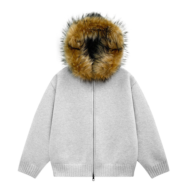 Women's Knit Bomber Jacket with Hood and Removable Faux Fur Trim Mune Fashion