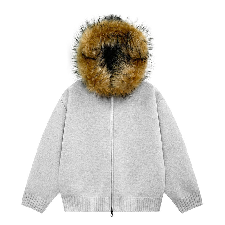 Women's Knit Bomber Jacket with Hood and Removable Faux Fur Trim Mune Fashion
