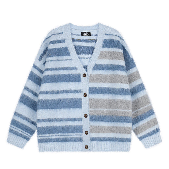 Women's oversized cardigan with V-neck, cozy mohair look and striped pattern Mune Fashion