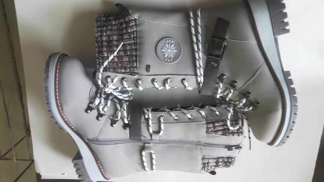Women nan padded lace-up boots with knitted shaft, decorative buckle strap, and patterned rubber sole Mune Fashion