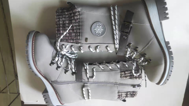Women nan padded lace-up boots with knitted shaft, decorative buckle strap, and patterned rubber sole Mune Fashion