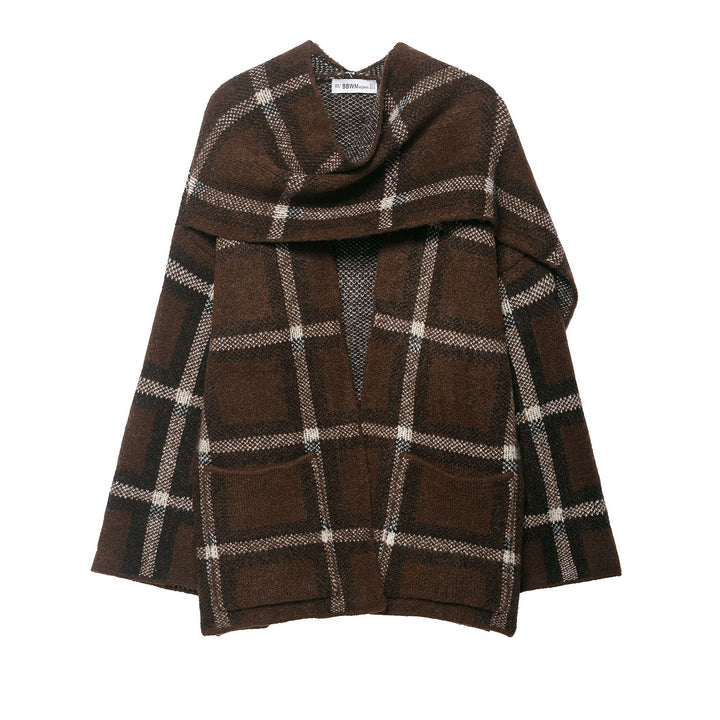 Women Oversized Cape Cardigan with Hood, Patch Pockets and Check Pattern Mune Fashion