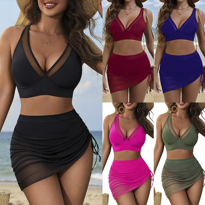 Women's Sporty Bikini Set with Elegant Wrap Skirt and Transparent Inserts Mune Fashion