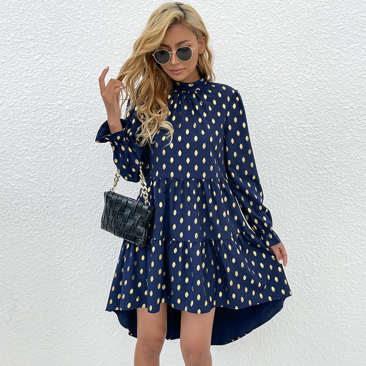 Women's tailored tiered mini dress with stand-up collar, puff sleeves, and metallic dots.