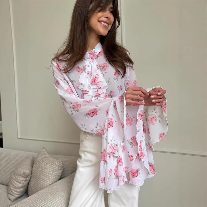 Women's chiffon blouse with rose print, ruffles and bell sleeves Mune Fashion