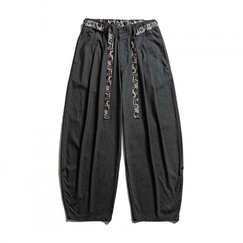 Men's Loose Highwaist Pleated Pants with Elastic Waistband and Printed Drawstring Mune Fashion