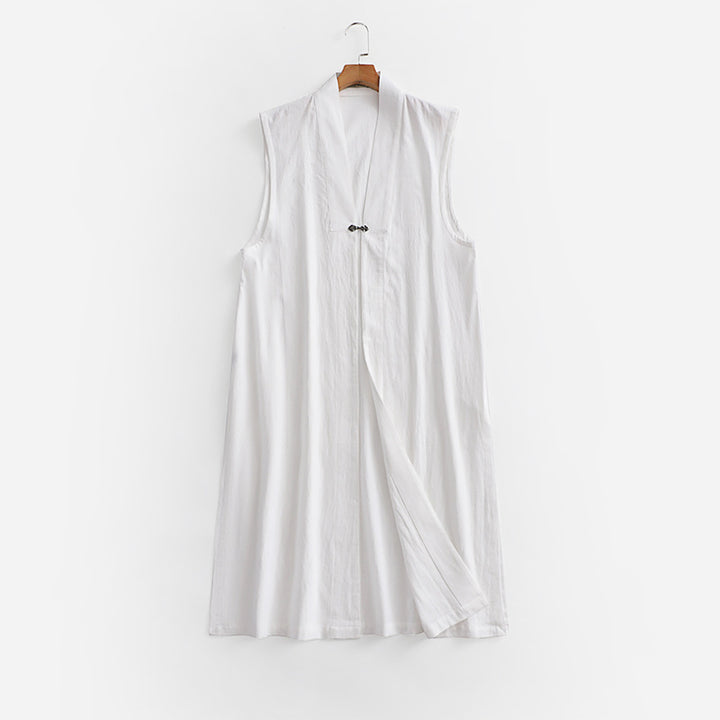 Women's Long Sleeveless Kimono Vest made of Linen Blend with Narrow Shawl Collar and Decorative Toggle Closure Mune Fashion