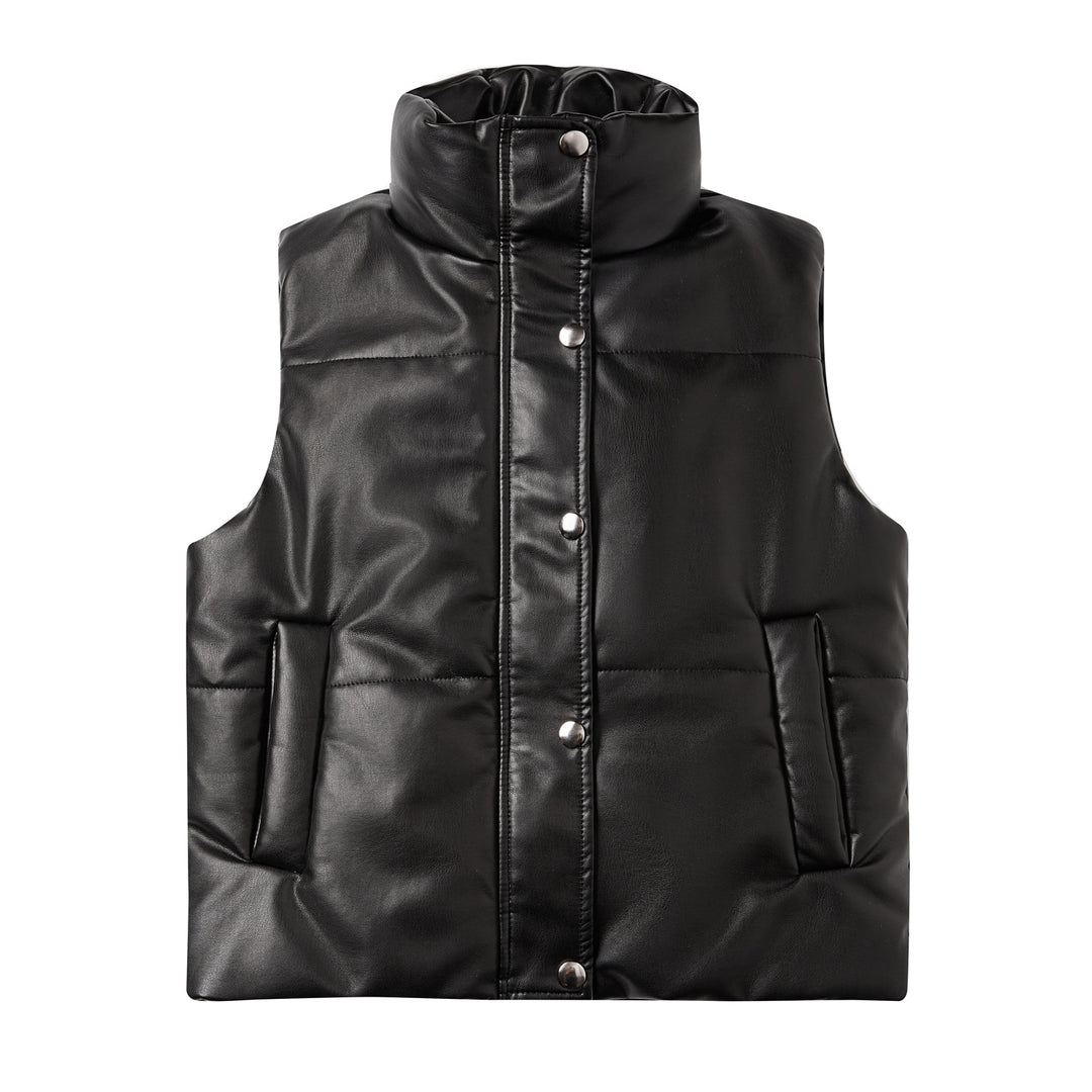 Women's quilted faux leather vest with high standing collar and concealed snap button placket Mune Fashion