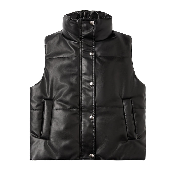 Women's quilted faux leather vest with high standing collar and concealed snap button placket Mune Fashion