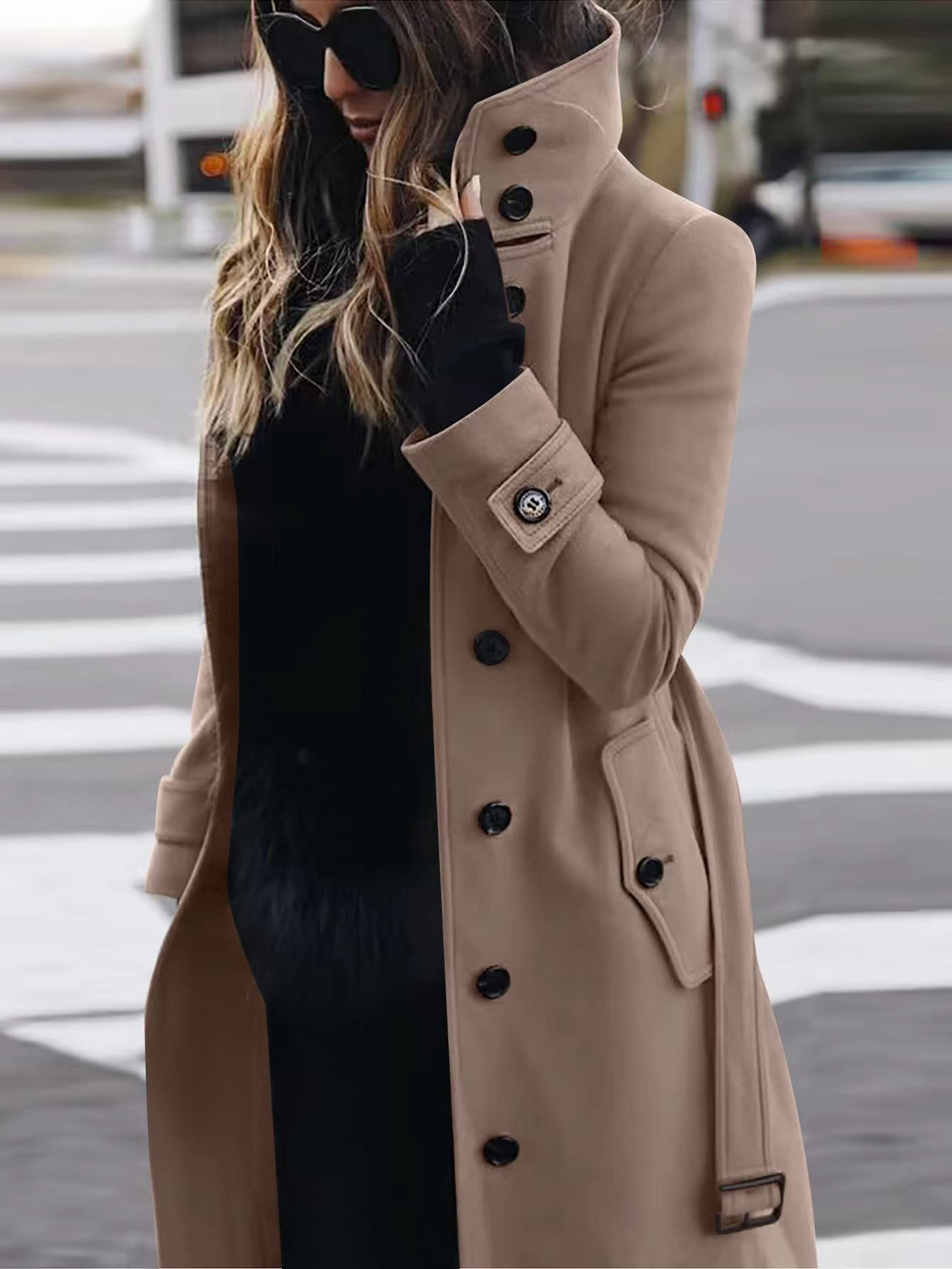 Women's Long Cut Trench Coat with High Stand Collar, Button Placket and Waist Belt Look Mune Fashion