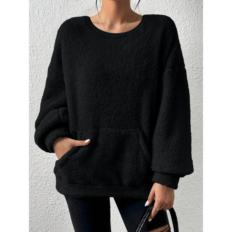 Ladies Cozy Oversized Sherpa Sweater with Kangaroo Pocket and Balloon Sleeves Mune Fashion