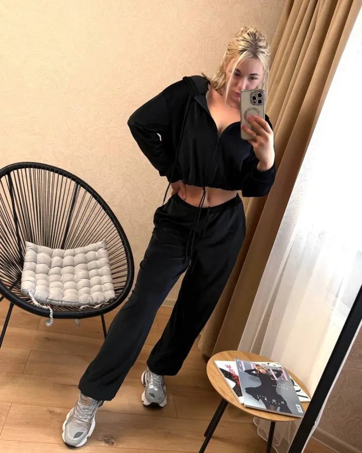Women's Velvety Cropped Zip Hoodie Set with Drawstring Waist and Wide Lounge Sweatpants Mune Fashion