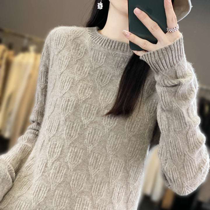Women's Soft Mohair-Look Round Neck Sweater with Raised Tulip Texture Mune Fashion
