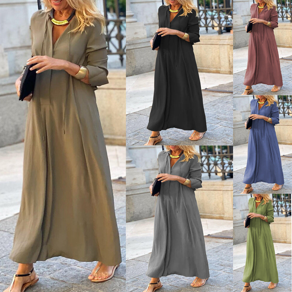 Ladies Maxi Dress with V-Neck, Long Sleeve, Loose A-Line Silhouette and Drawstring Mune Fashion