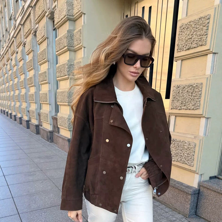 Women's Short Bomber Jacket made of Suede Leather with High Stand-up Collar and Boxy Silhouette Mune Fashion