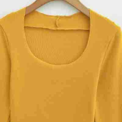 Women Fitted Long Sleeve Fine Knit Top with Square Neckline and Wave Hem Mune Fashion