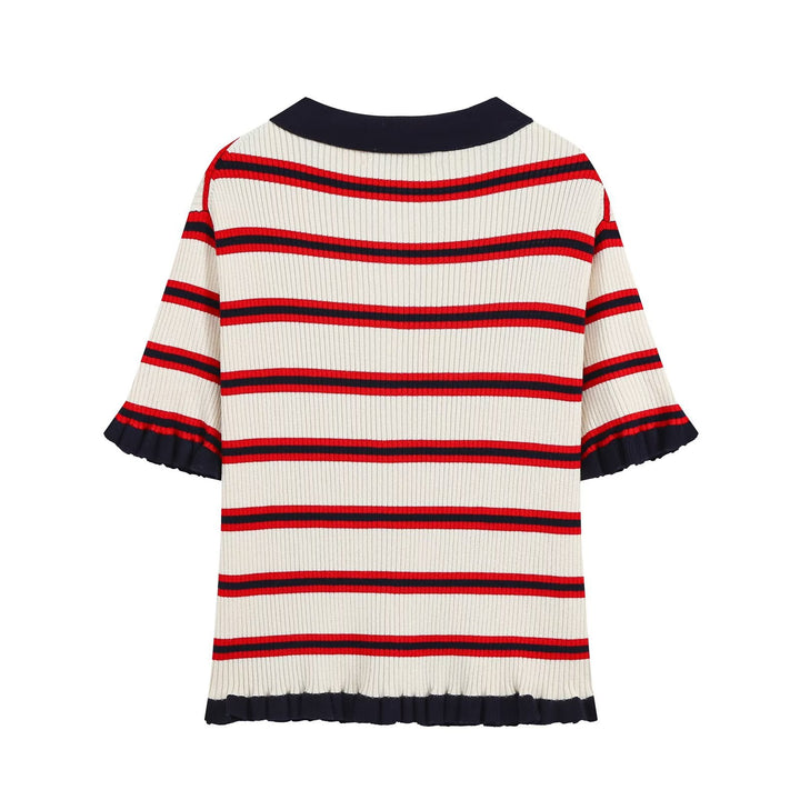 Women's Short Sleeve Ribbed Knit Cardigan with Polo Collar, Button Placket and Ruffled Hem Drune